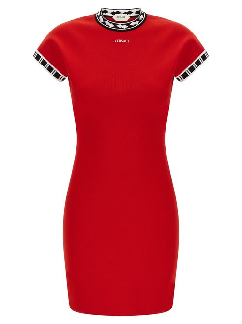 Geometric Jacquard Trim Dress — Red