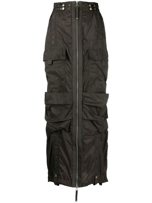 Cargo zip-up long skirt - Green