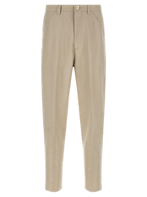 Cotton-Linen Blend Tapered Trousers — Brown