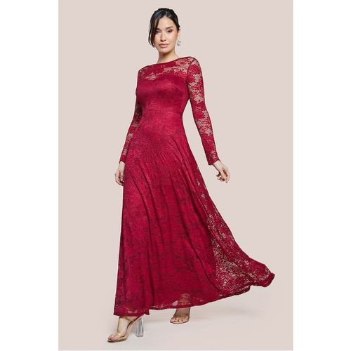 Goddiva Scalloped Lace A-Line Maxi Dress - Wine