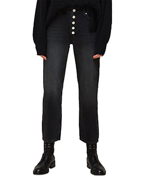 Hollie Button Front High Rise Cropped Straight Jeans in Black