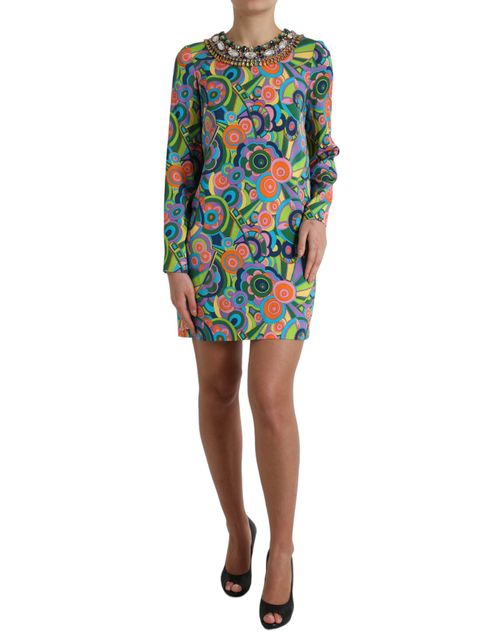 Geometric Print Silk Crystals Dress — Multicolor