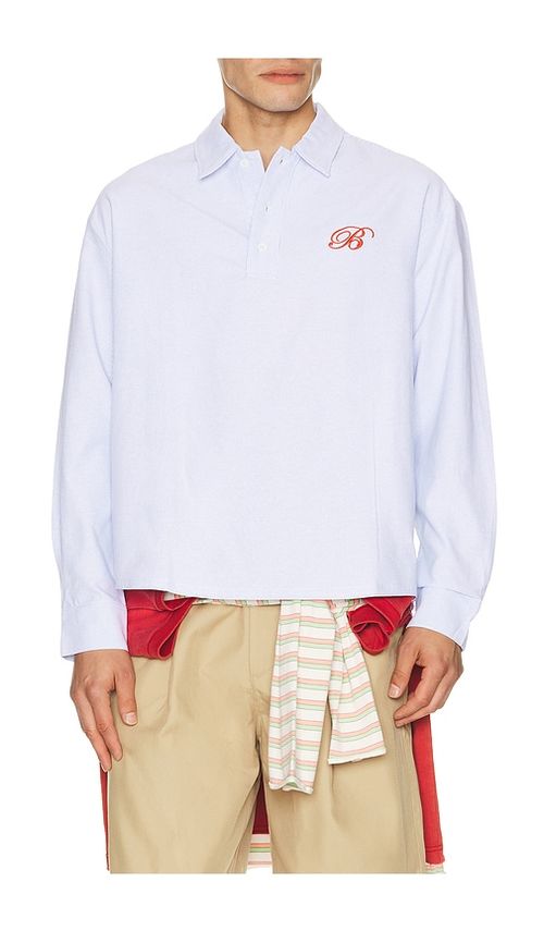 Bound Half Button Script Oxford Shirt in Blue. S. Also in L, XL/1X