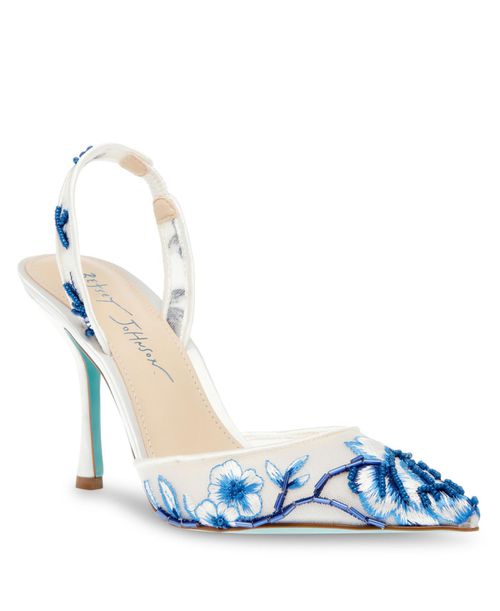 Women's Patch Mesh Embroidered Evening Pumps - Blue Floral
