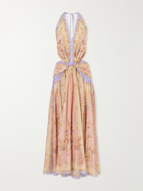 Indra Plunge Printed Metallic Cotton And Silk-blend Halterneck Maxi Dress