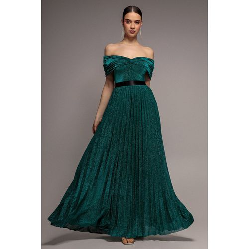 Goddiva Bardot Pleated Skirt Maxi Dress - Emerald