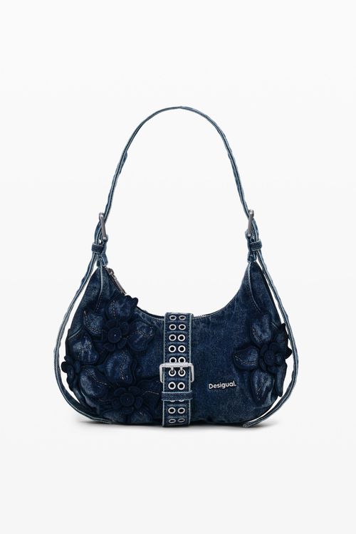 Medium distressed denim bag with buckle