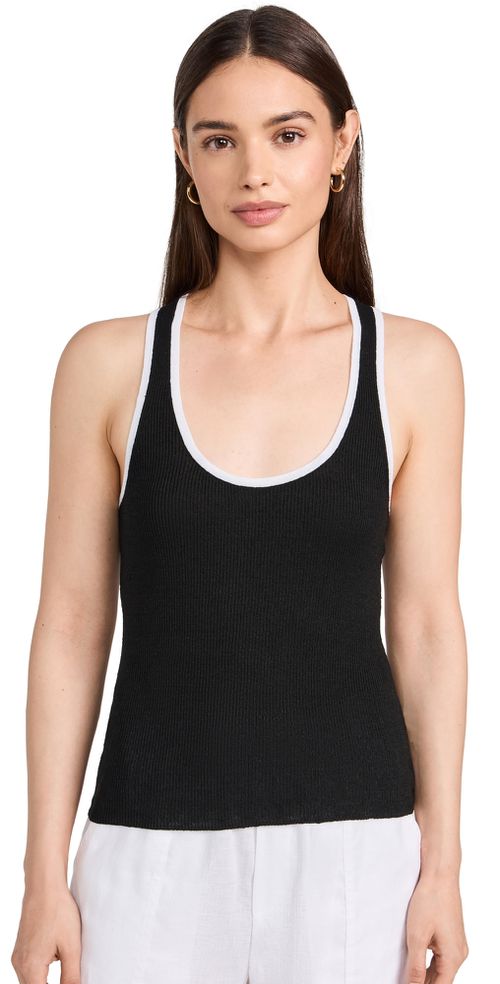 Stretch Linen Ringer Tank Black/ White