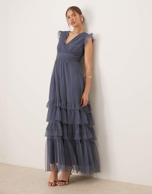 Flutter sleeve ruffle maxi dress in vintage indigo-Blue