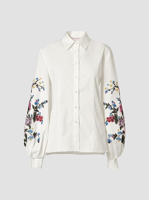 Women's Floral-Embroidered Cotton Shirt - White
