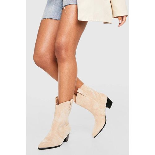 Womens Faux Suede Tab Detail Western Cowboy Ankle Boots - Beige - 3, Beige