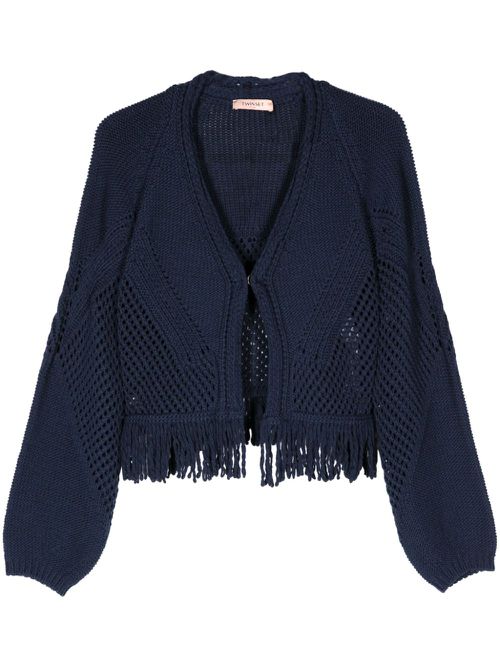 Fringed open-knit cardigan - Blue