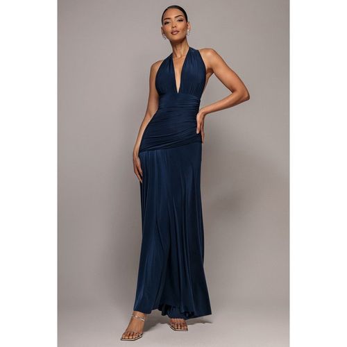 Goddiva Halter Neck Empire Waist Gathered Maxi Dress - Navy Blue