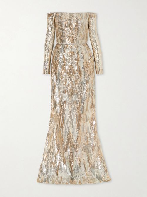 Off-the-shoulder Sequined Silk-blend Gown