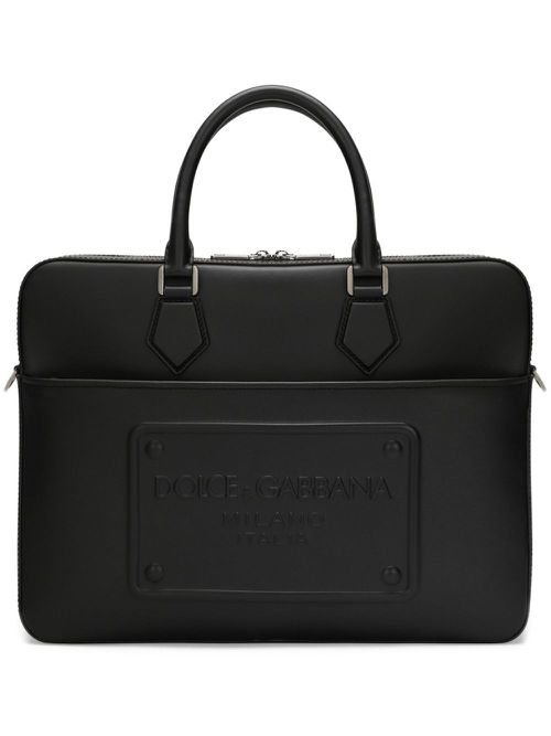 Logo-embossed leather laptop bag - Black