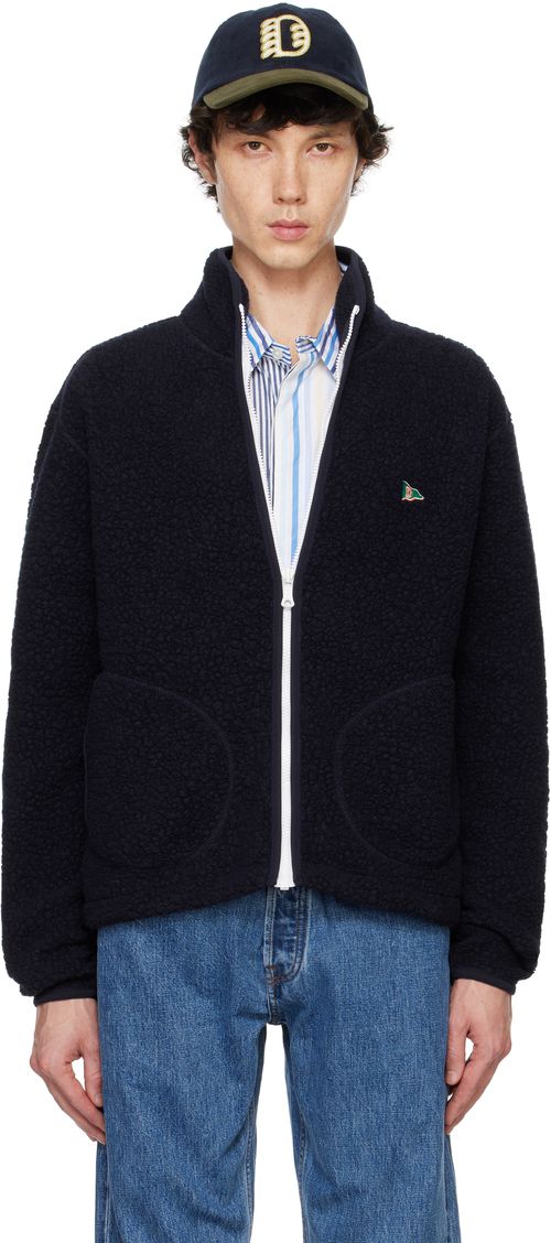 Drake's Navy Boucle Wool Zip Fleece Jacket
