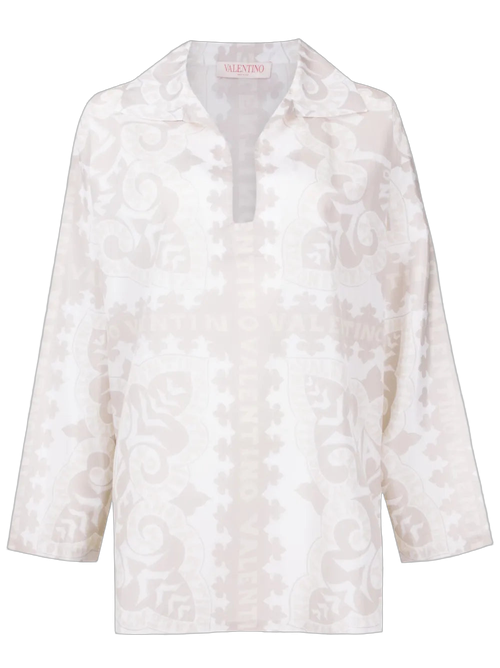 Geometric-Print Silk-Cotton Shirt — Beige