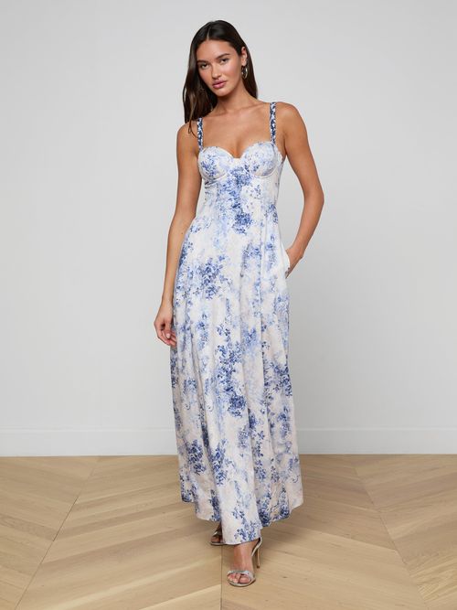 Sutton Beaded Strap Gown In Ivory/blue Watercolor Lace Paisley