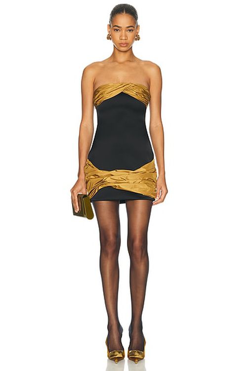 Burc Akyol Taffetas Draped Mini Dress in Black & Brass - Black. L also in