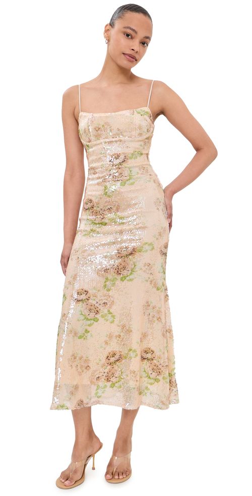 Adoni Sequin Mesh Midi Dress Beige Fl