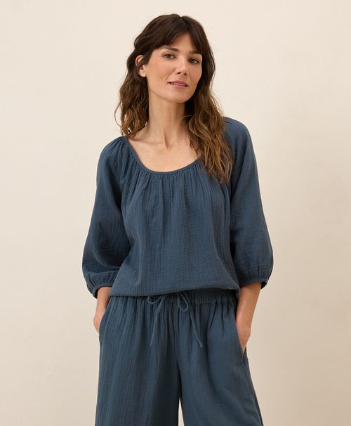 Women's French Navy Coastal Double Gauze Scoop Neck Top