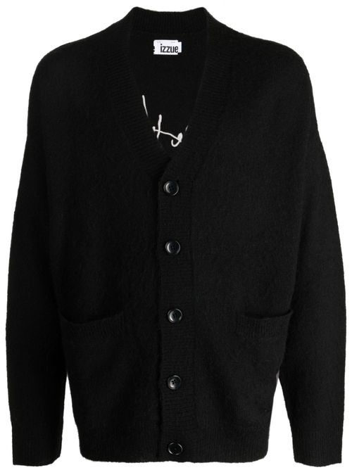 Slogan-embroidered button-up cardigan - Black