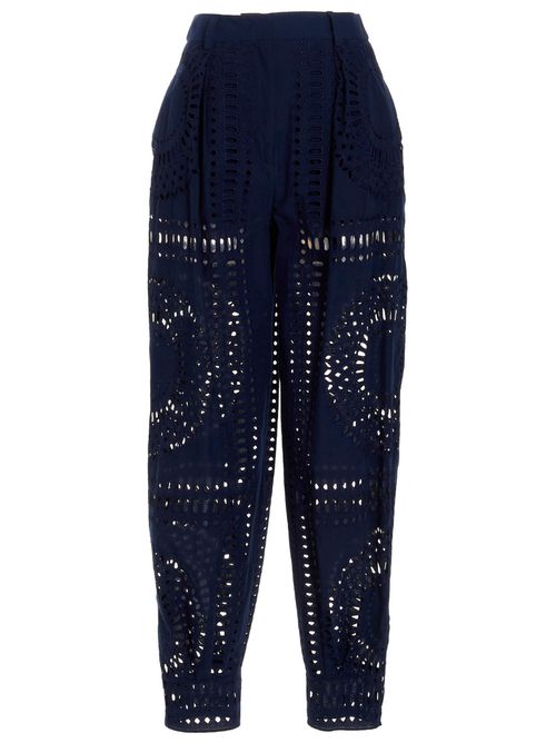Laser-Cut Embroidered Cotton-Blend Trousers — Navy