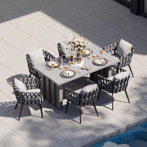 Mesa y sillas de Jardín con 6 sillas de piedra, aluminio y ratán, con conjines impermerables resistente a la intemperie, conjunto comedor exterior re