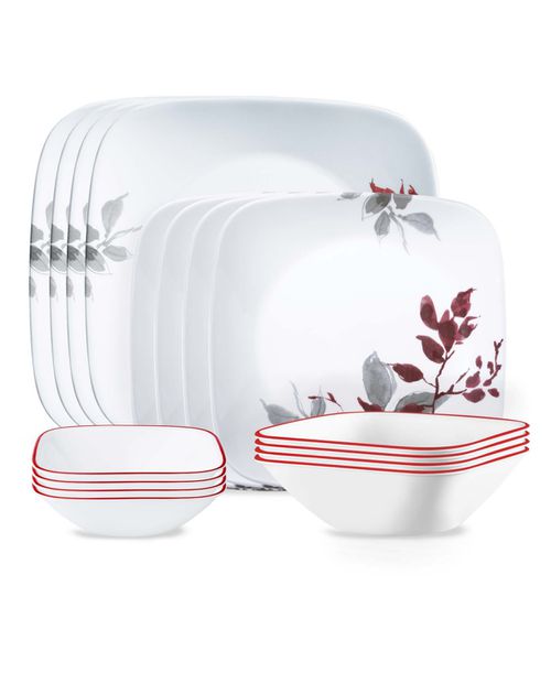 Square Kyoto Leaves 16 Pc. Dinnerware Set, Service for 4 - White
