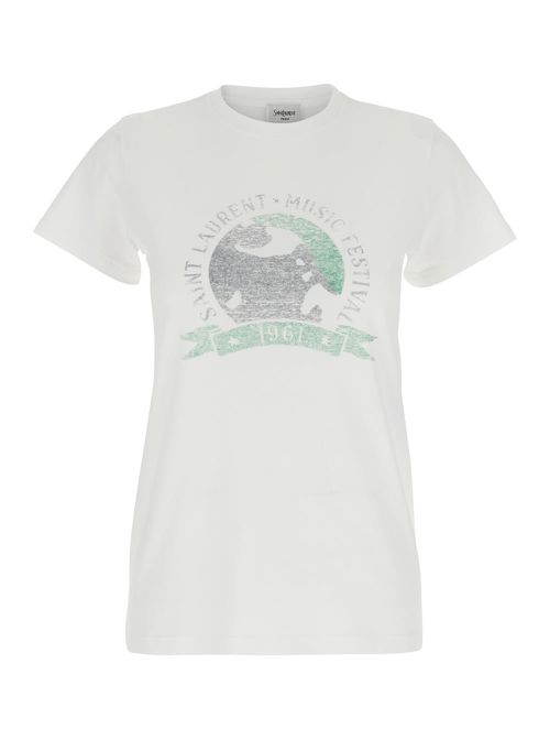 White T-shirt With Graphic Print On The Front In Cotton Woman
