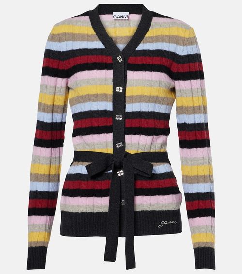 Striped cable-knit wool-blend cardigan