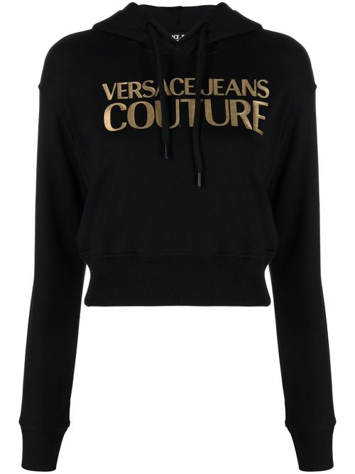 Logo-embellished cropped cotton hoodie - Black