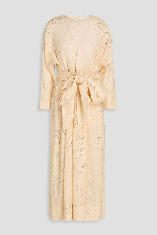 Belted printed linen midi dress
