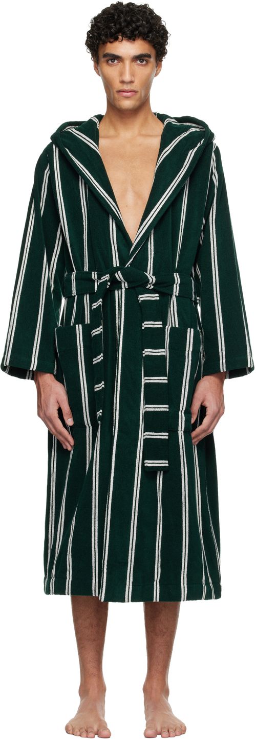 Green & White Terry Hooded Bathrobe