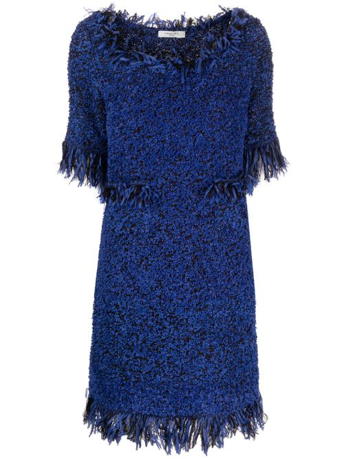 Fringe-trim three-quarter sleeve dress - Blue