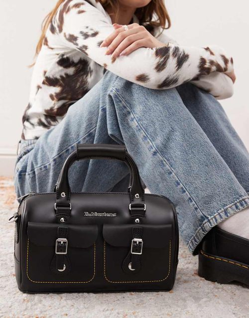 Top handle contrast stitch detail bag in black