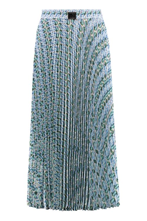 Pleated Printed Polyester Skirt — Blue