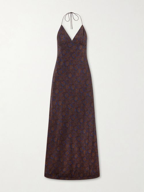 Open-back Printed Silk-crepe De Chine Halterneck Maxi Dress