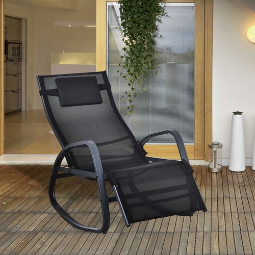 Outsunny Patio Adjust Lounge Chair Rocker Outdoor w/ Pillow, Footrest- Black - Black - Metal, Texteline