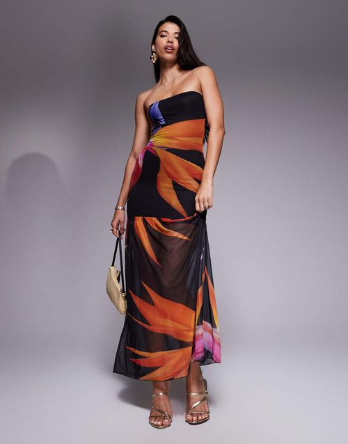 Kaiia | exclusive double layered slinky mesh floral bandeau gathered sheer hem maxi dress in black | Realry Kaiia | exclusive double layered slinky mesh floral bandeau gathered sheer hem maxi dress in black | Realry