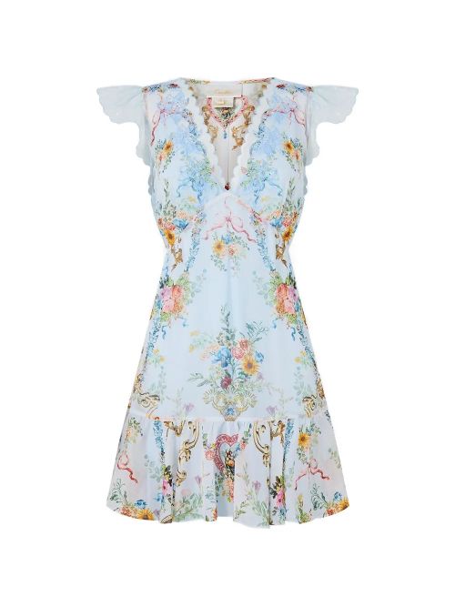 Ruffled-Sleeve Floral Print Dress — Light Blue