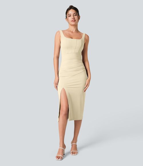 SoftlyZero™ Airy Square Neck Backless Corset Ruched Split Bodycon Midi Cool Touch Bridesmaid and Wedding Guest Dress Casual Dress - Afterglow