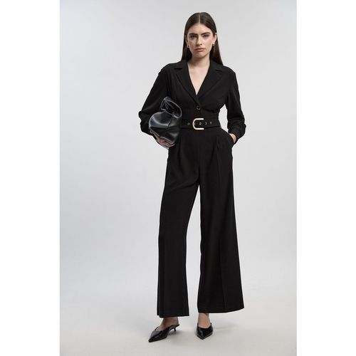 Karen Millen Womens Tailored Crepe Belted Wide Leg Jumpsuit - Black