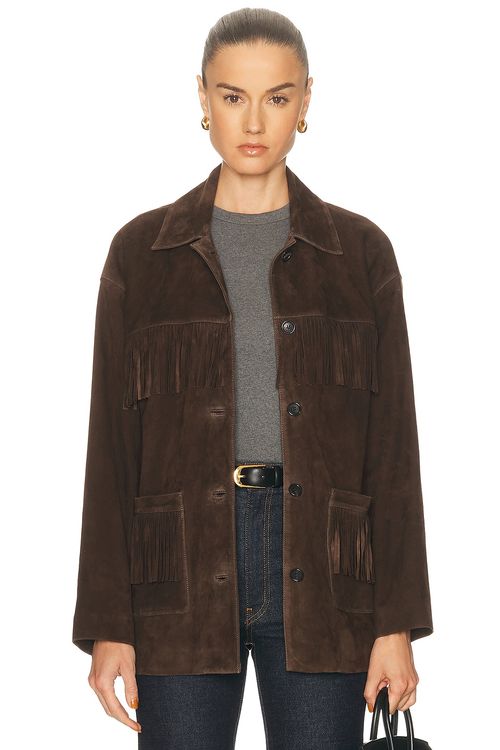 NILI LOTAN Foudre Fringe Suede Jacket in Dark Brown - Chocolate. XS also in S