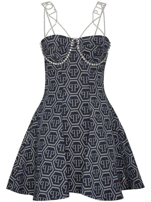 Monogram-jacquard denim mini dress - Blue