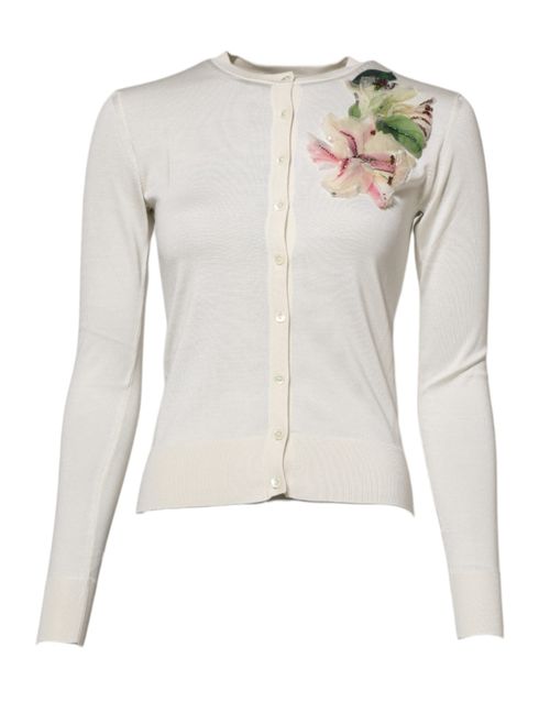 Lily-Embellished Silk Cardigan — White