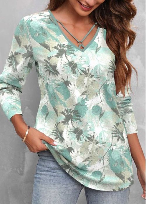 Modlily Green Circular Ring Floral Print Long Sleeve T Shirt