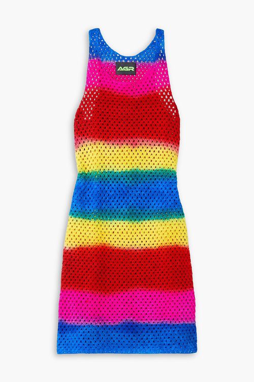 Striped open-knit cotton mini dress