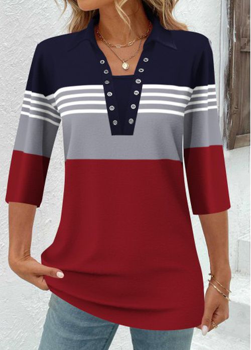 Modlily Wine Red Patchwork Plus Striped 3/4 Sleeve Blouse - 3X