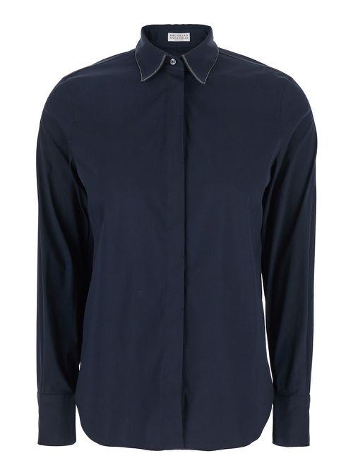 Blue Shirt With Pointed Collar And Monil Detail On The Collar In Cotton Blend Woman